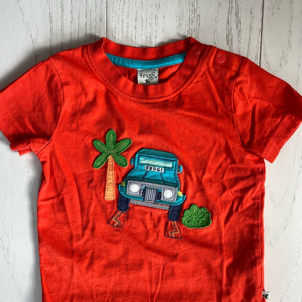 Frugi Boys Car Embroidered Orange Short Sleeve T-Shirt Size 2-3 Years/2T-3T